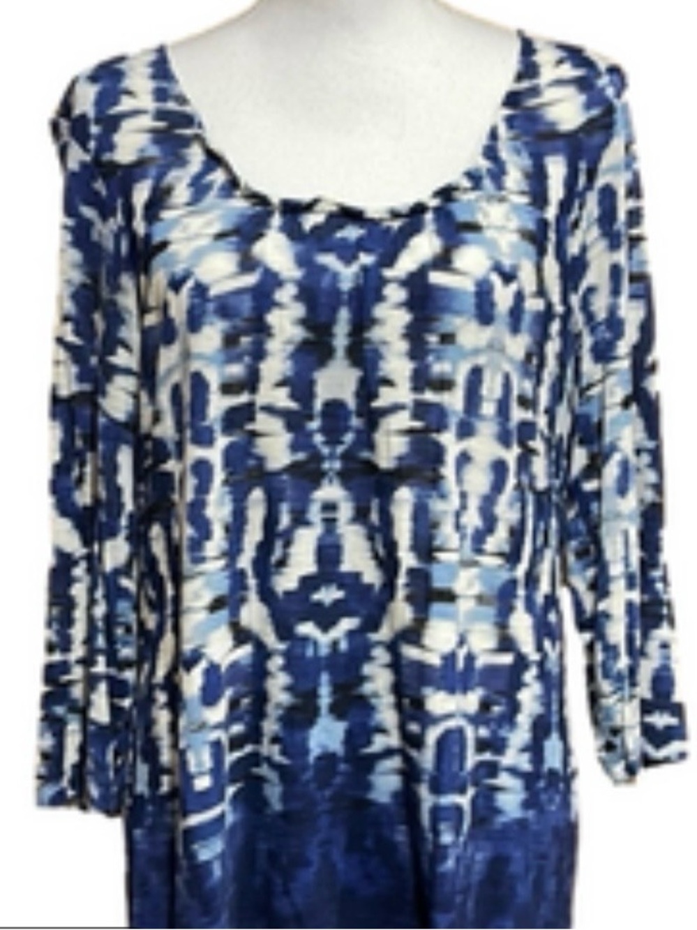 Chico's Blue and White Long-Sleeve Scoop Neck Top